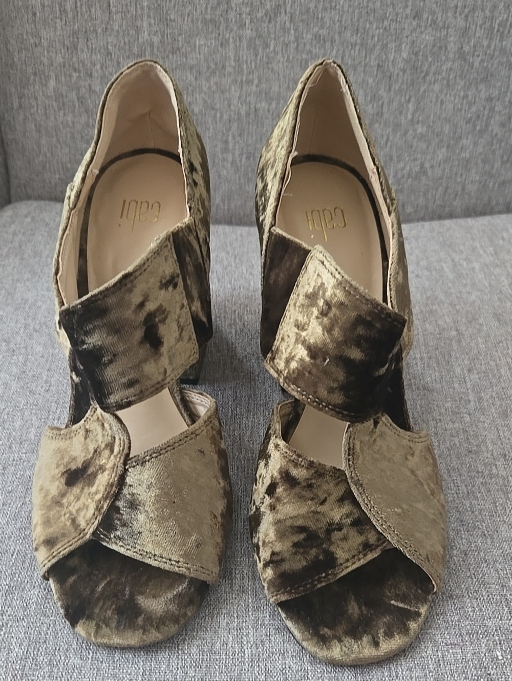 CAbi Olive Velvet Crossover Strap Heels